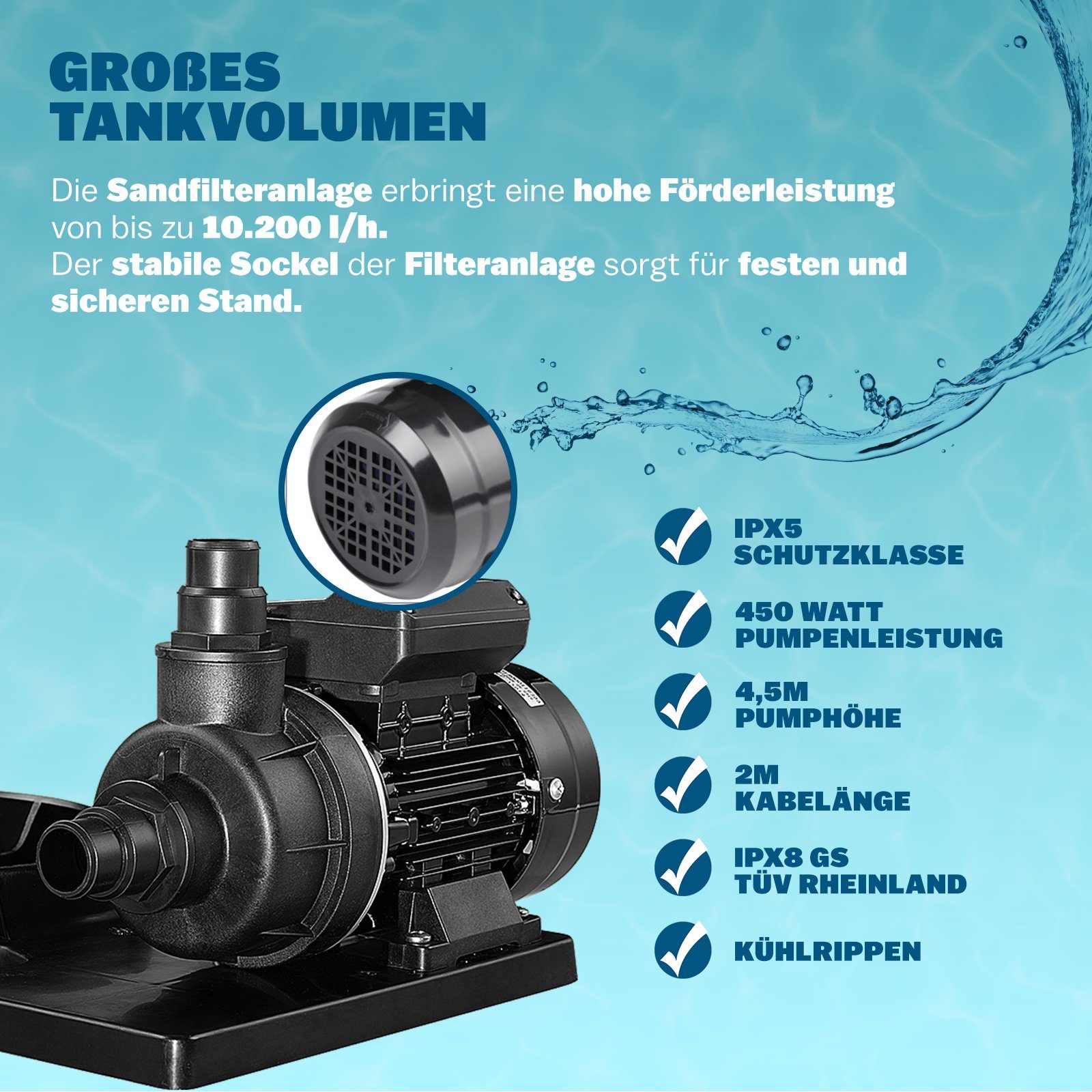 monzana Sandfilteranlage, Top Mount 7 Wege Ventil Vorfilter und 700g Filterbällen