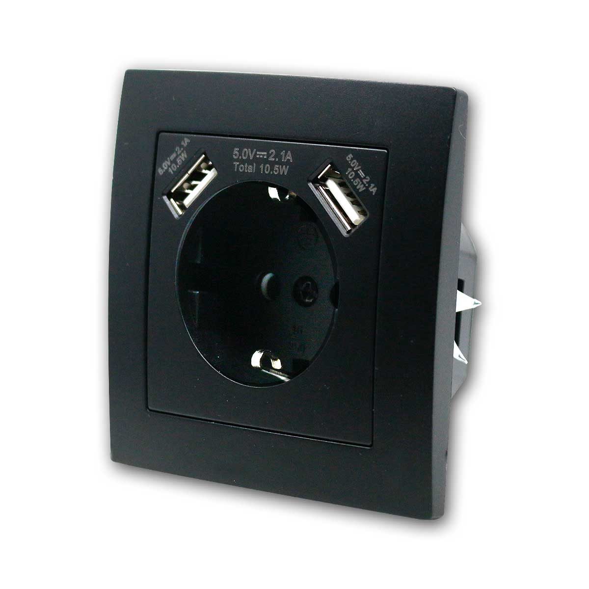 McPower FLAIR Schutzkontakt-Steckdose 2xUSB-A schw mRahmen Unterputzschalter
