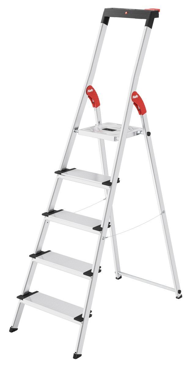Hailo Trittleiter L75 JUBILÄUM-SICHERHEITSLEITER COMFORTLINE, ALU-HAUSHALTSLEITER MIT 5, Multifunktionsablage, XXL-Stufen, Clip-System, rutschsichere Füße