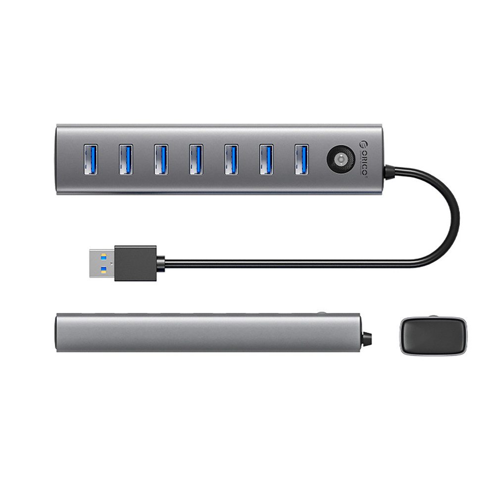 ORICO USB-Verteiler Datenhub Anschlusserweiterung HUB (7x USB-A 3.0, 5 Gbit/s, USB-C-Stromeingang, Aluminium)