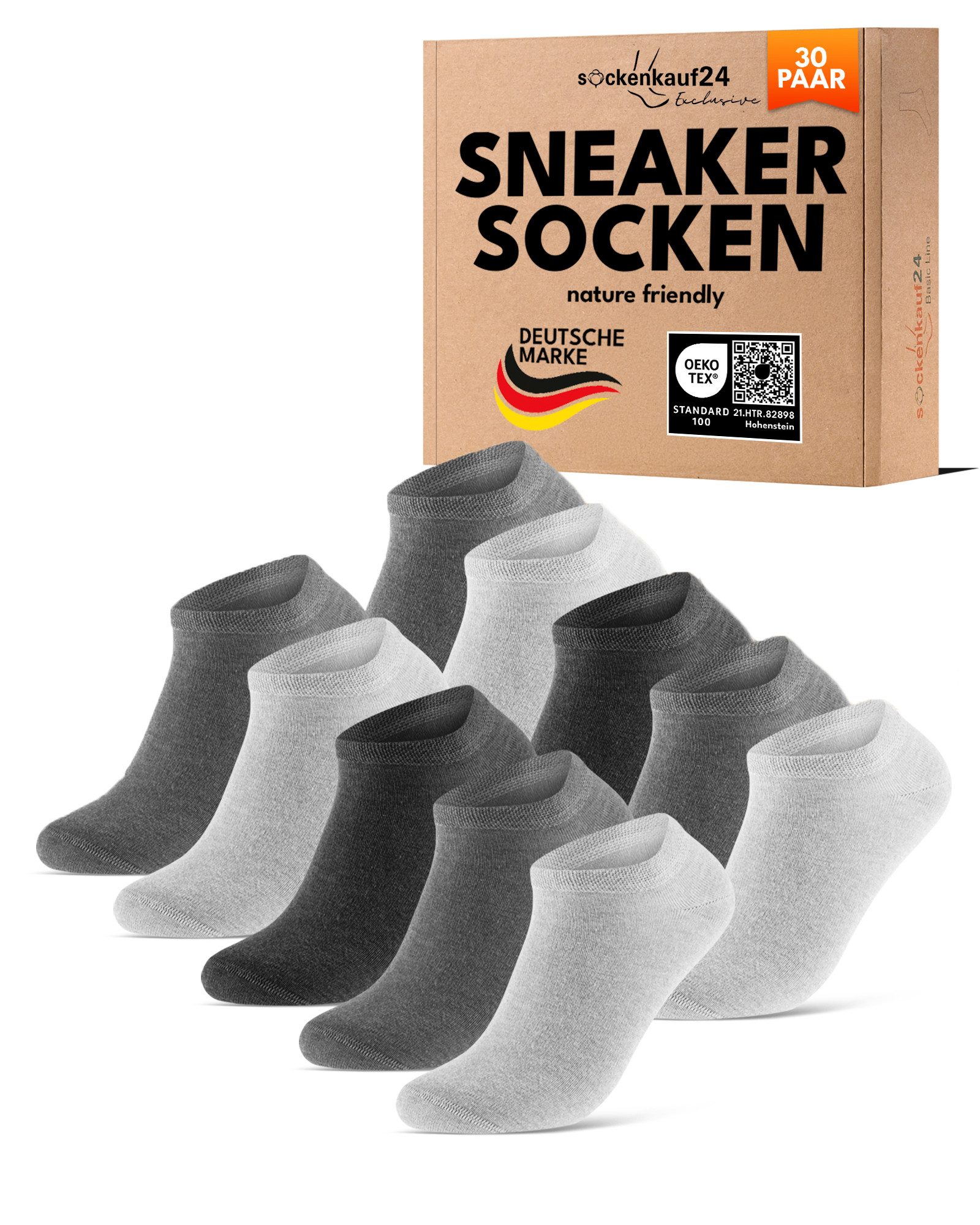 sockenkauf24 Sneakersocken Premium Sneaker Socken Herren & Damen mit Komfortbund ohne Gummidruck (30-Paar) atmungsaktive gekämmte Baumwolle, ohne Naht, Exclusive Line