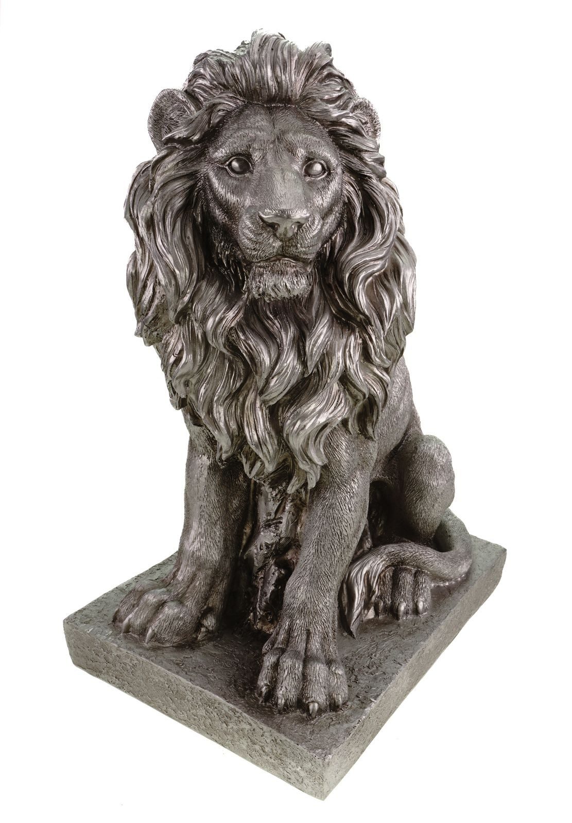 Dekofigur LÖWE AUF SOCKEL Antik-silber Majestätische Dekofigur 53x35x26 cm