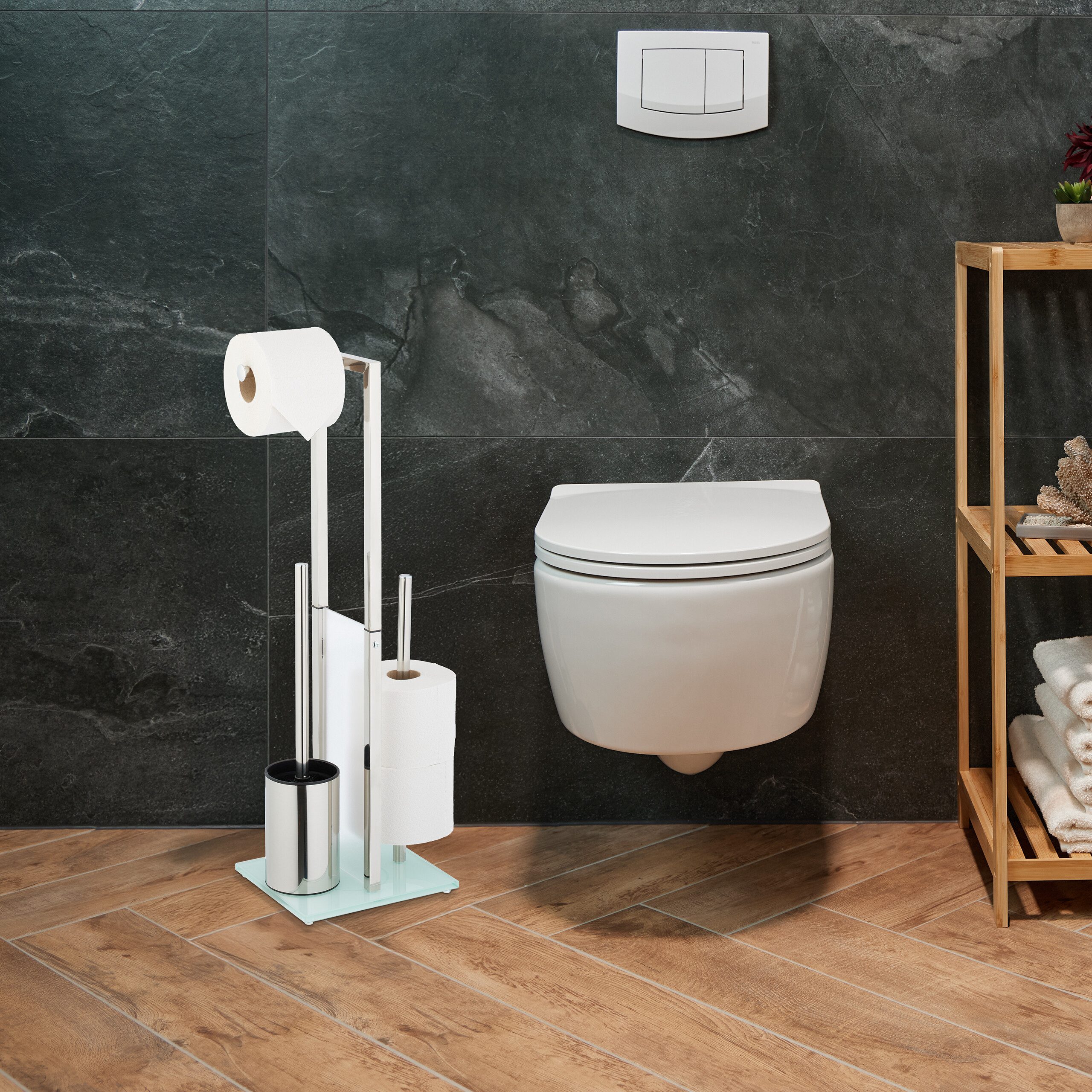 relaxdays WC-Garnitur Stehende WC Garnitur Edelstahl & Glas günstig online kaufen