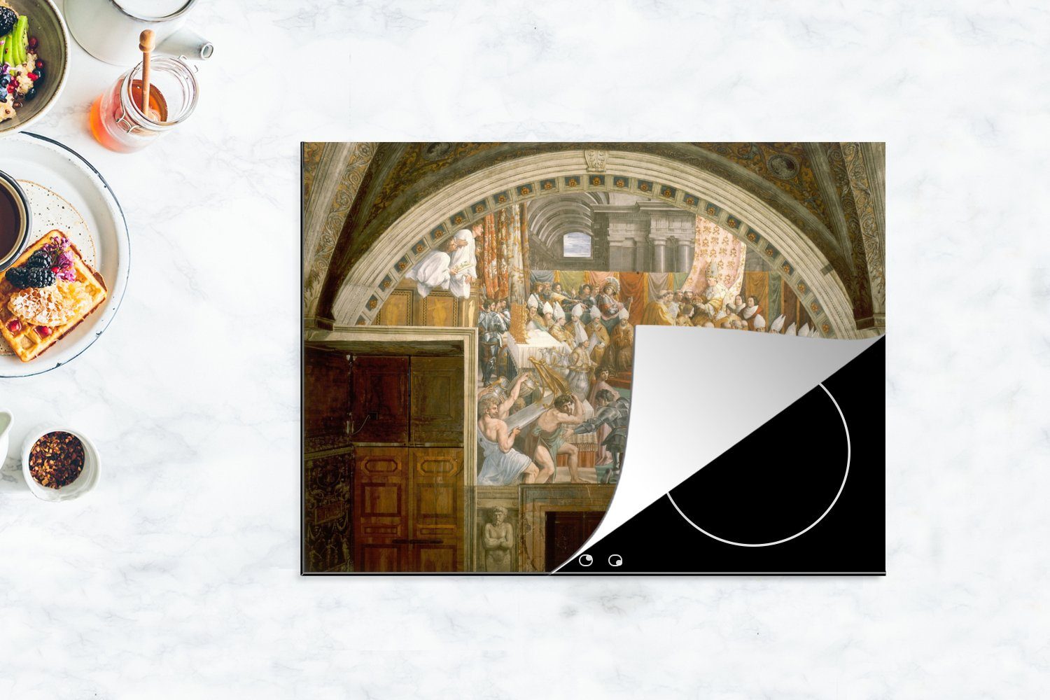Ceranfeldabdeckung Karls Wandgemälde Großen Raffael, MuchoWow tlg), 70x52 Herdblende-/Abdeckplatte Krönung Vinyl, (1 cm, Mobile Die - nutzbar, von des Arbeitsfläche