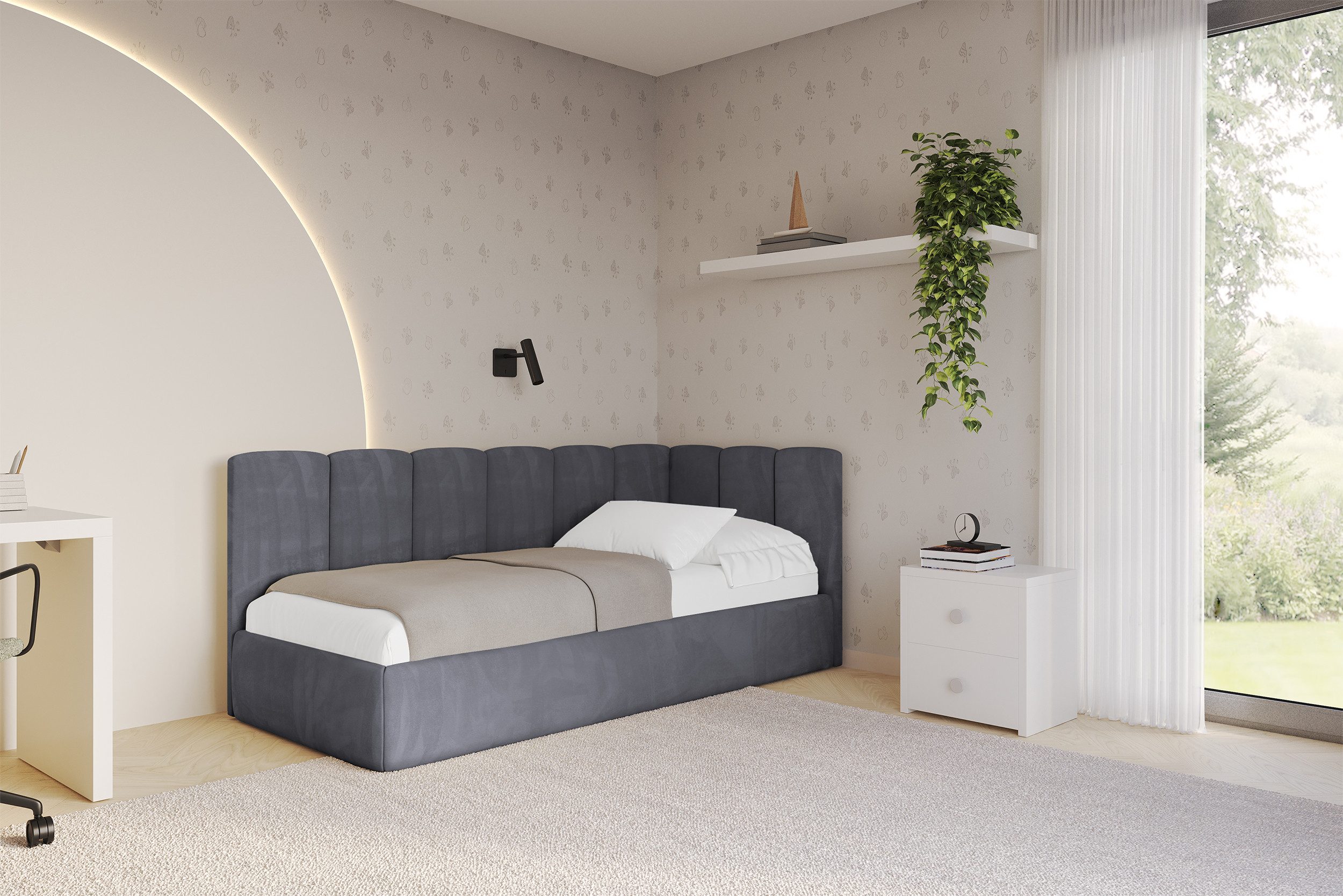 ALTDECOR Jugendbett DEXY (Jugendbett mit Bettkasten und Lattenrost, Polsterbett ohne Matratze), Einzelbett mit Stauraum, Bett mit Kopfteil