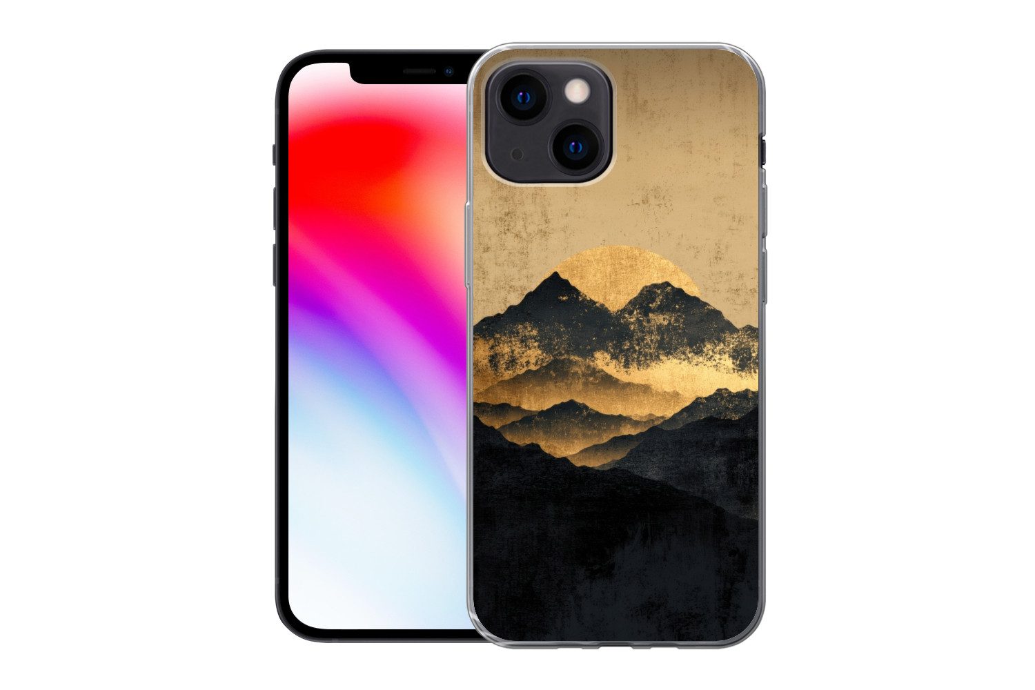 MuchoWow Handyhülle für Apple iPhone 13 mini Goldene Berge bei Mondschein, Smartphone-Bumper, Print, Handy Schutzhülle Dünn