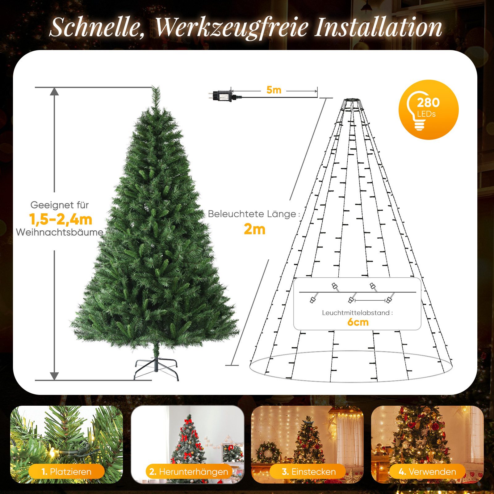 Salcar LED-Lichterkette LED Weihnachtsbaum Lichterkette – Warmweiß & Bunt umschaltbar, 2m 280 LED 9 Modi mit 8 Girlanden für 150cm - 240cm Tannenbaum – Bild 5 von 5