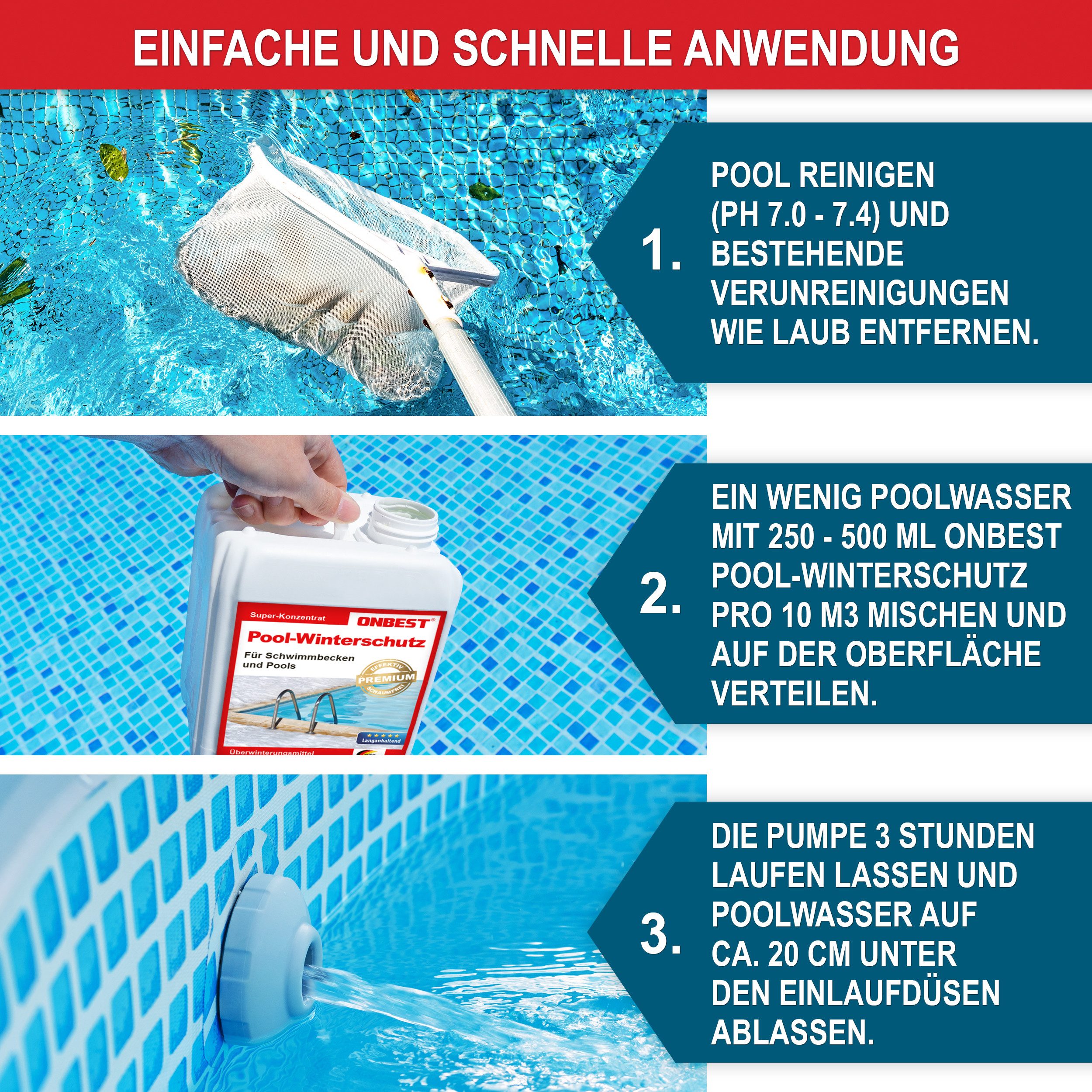 Onbest Poolpflege Pool Winterschutz gegen Algen, Schmutz, Ablagerungen, 3 Liter, 5 Liter, Made in Germany