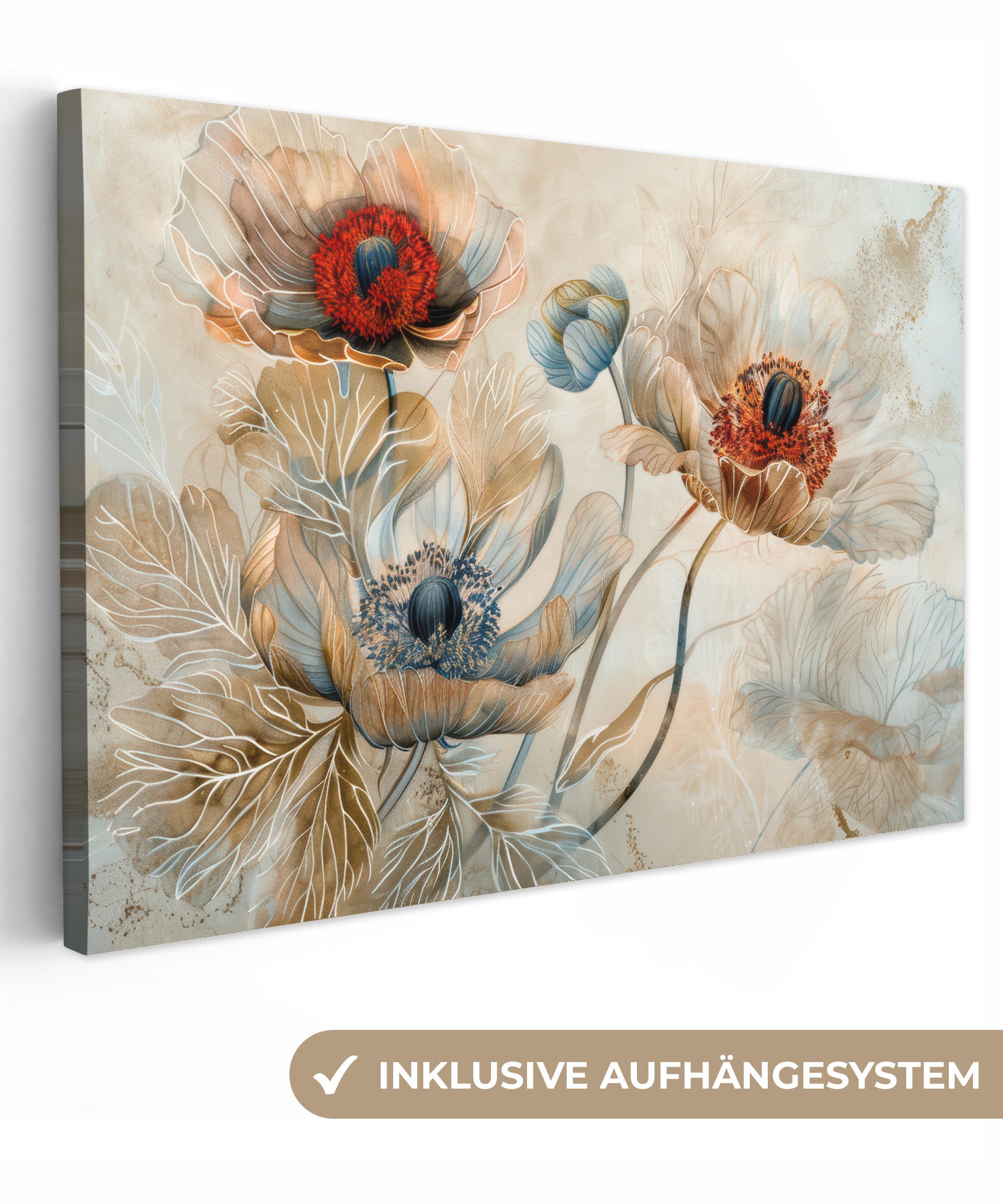 OneMillionCanvasses® Leinwandbild Blumen - Beige - Modern - Illustration, Fotodruck (1 St), Leinwand Bilder Klein, Wand Dekoration Aesthetic 30x20 cm