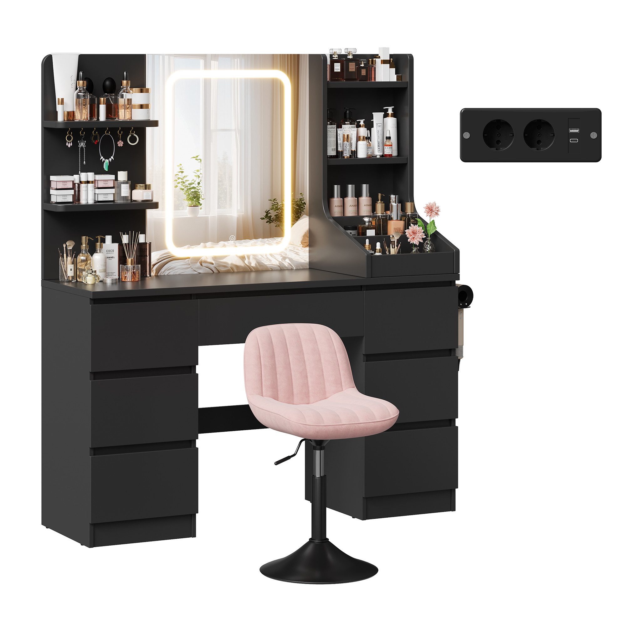 HOMALL Schminktisch Spiegel mit LED-Beleuchtung, 7 Schubladen (Maße: 110 × 40 × 139 cm, drei einstellbare Farbtemperaturen, mit 8 offenen Ablagefächern, 6 Schmu – Bild 2 von 5