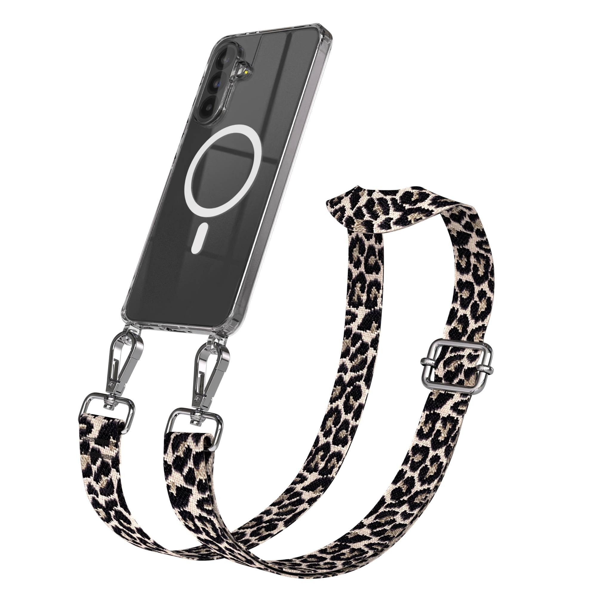 EAZY CASE Handykette Umhängeband MagSafe Hülle für Samsung Galaxy A56 6,7 Zoll, Festivaltasche für Handy Umhängeband Leo MagSafe Clear Case Schwarz