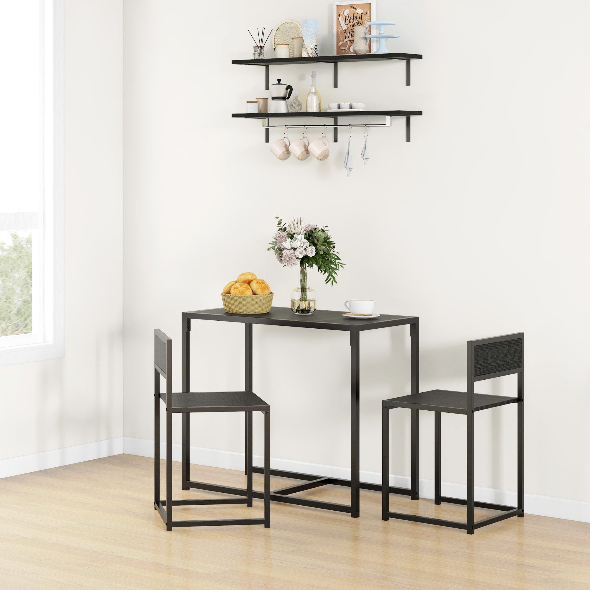 HOMCOM Essgruppe Esstisch mit 2 Stühlen Platzsparend Küchentisch-Set Schwarz, (Esstisch mit 2 Stühlen, 3-tlg., Platzsparend Esszimmergruppe), für Esszimmer, Küche Schwarz