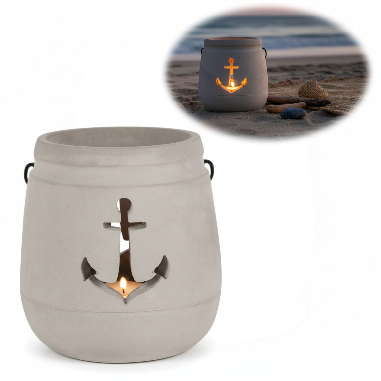 LS-LebenStil Windlicht Beton Anker 13cm Shabby Grau Maritim Teelichthalter Kerzenhalter (1 St., Kerzenhalter / Laterne mit Henkel, Tischdeko, Maritime outdoor Deko), Gartenlaterne für draußen, Sommerdeko, Kerzenständer Geschenk