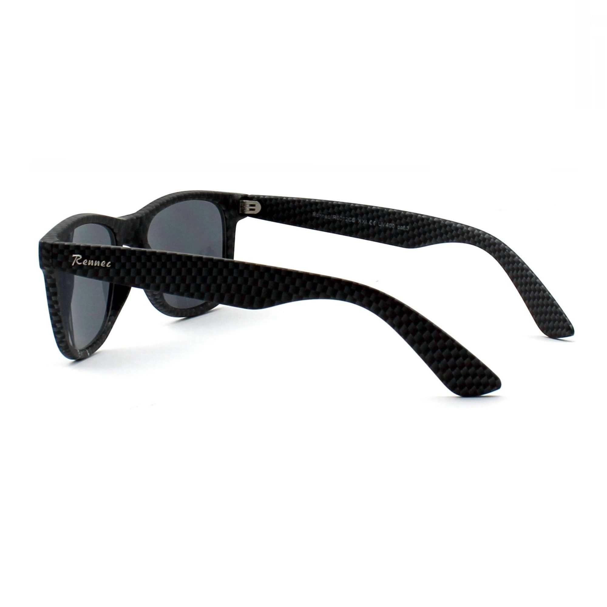 Rennec Sonnenbrille (Markenbrille in Carbon Optik mit Brillenbeutel) Retro Brille stabile 3in2 Gelenke Gläser Verspiegelt Getönt