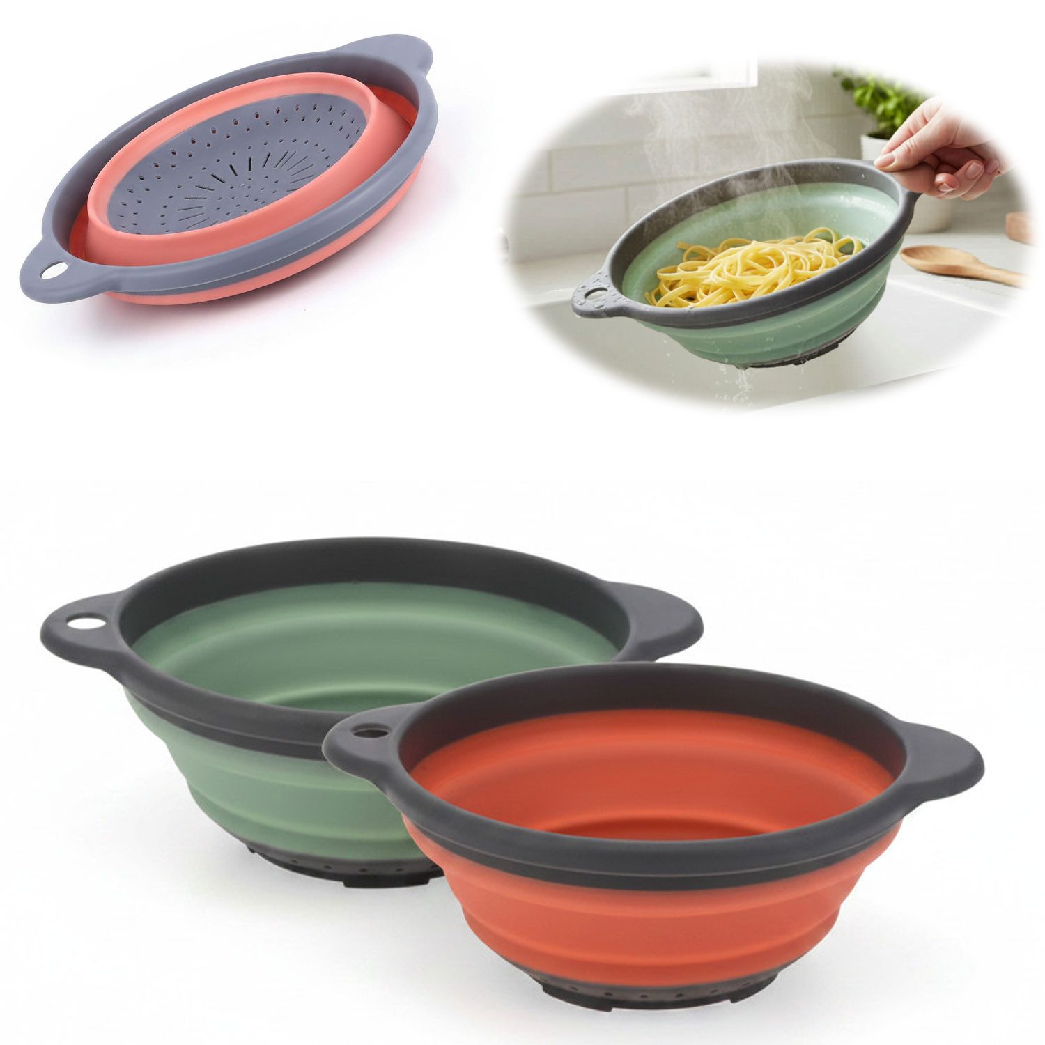 LS-LebenStil Küchensieb Flexibles Abtropfsieb Nudelsieb 23cm Rund faltbar Seiher mit Griffen, Kunststoff, (Silikon Plastiksieb für Camping Obst Gemüse Pasta Nudeln, 1-St., Kunststoffsieb Seiher mit Löchern zum Aufhängen in der Küche), Küchenhelfer Küchenu