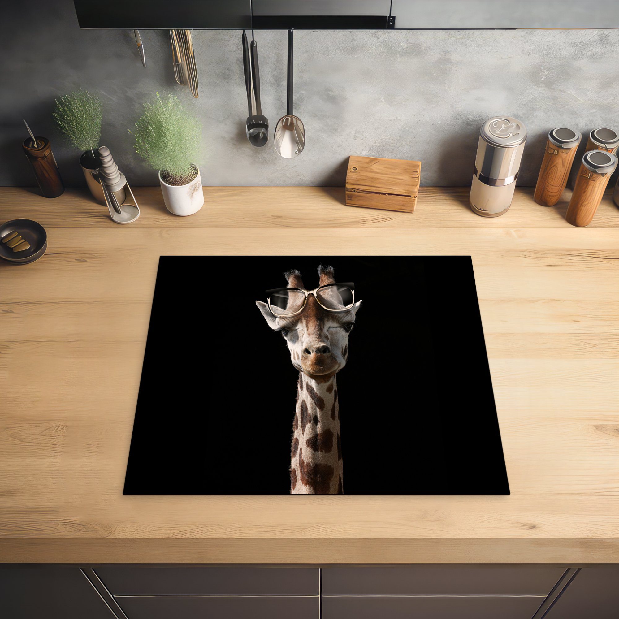 MuchoWow Herdblende-/Abdeckplatte Giraffe - für Induktionsmatte 59x52 tlg), Ceranfeldabdeckung Schutzbrille küche, die Vinyl, - Schwarz, cm, (1