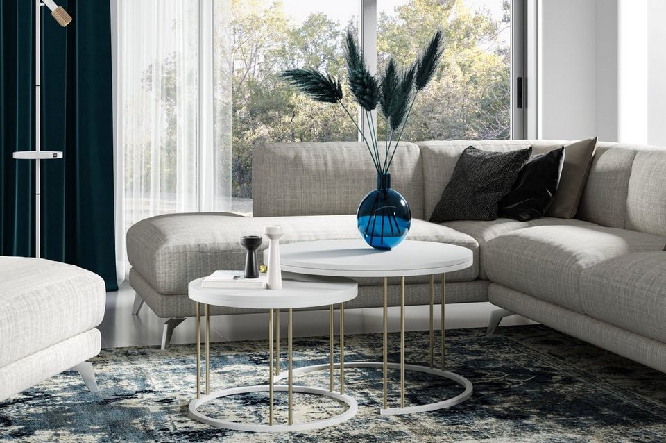 Polini Home Couchtisch Set Rund 2-teilig 75cm und 58cm HERSTAL weiß/weiß-Gold  (Set, 2-St), Laminierte Tischplatte, hitzebeständige, stoß- und kratzfeste  Tisch