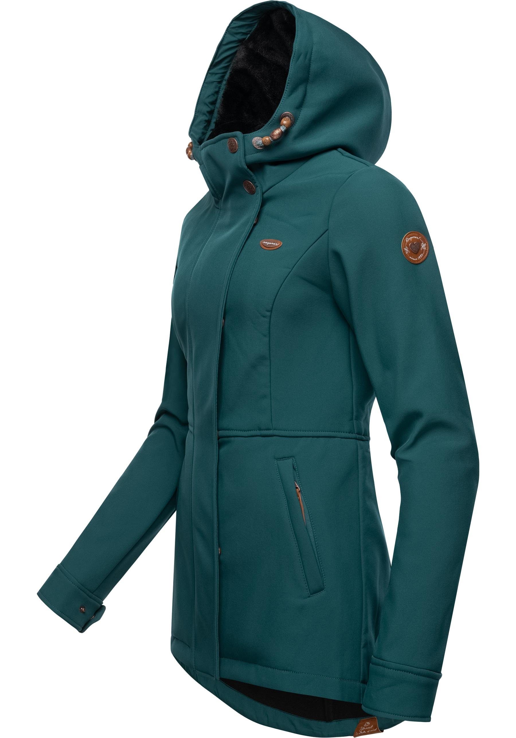 Damen Outdoorjacke Softshelljacke flaschengrün mit Yba Ragwear Kapuze sportliche