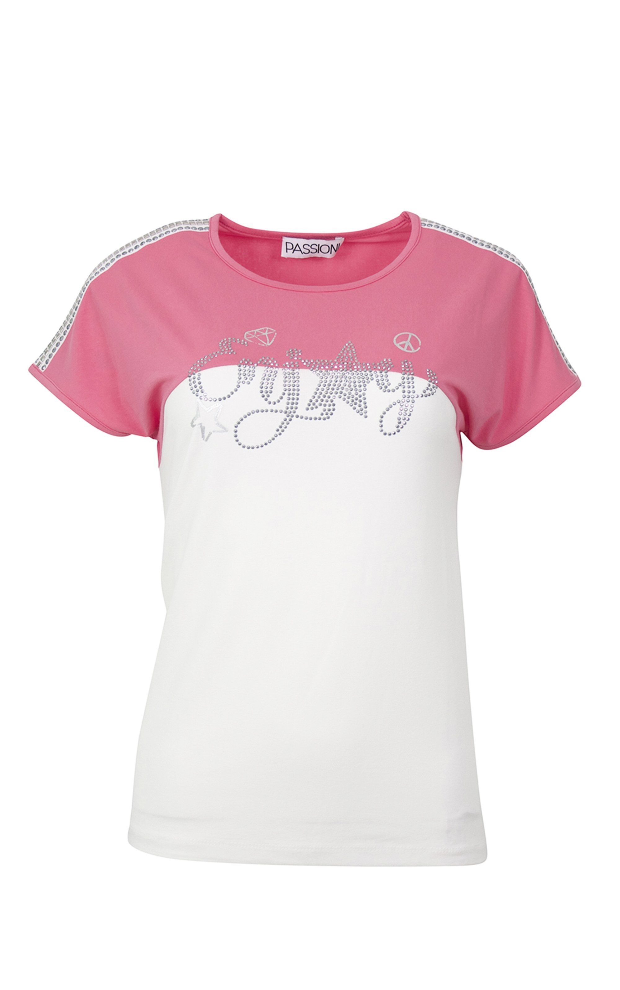 T-Shirt in Pink-Weiß mit Glitzerschriftzug und Streifen mit silbernen Steinen