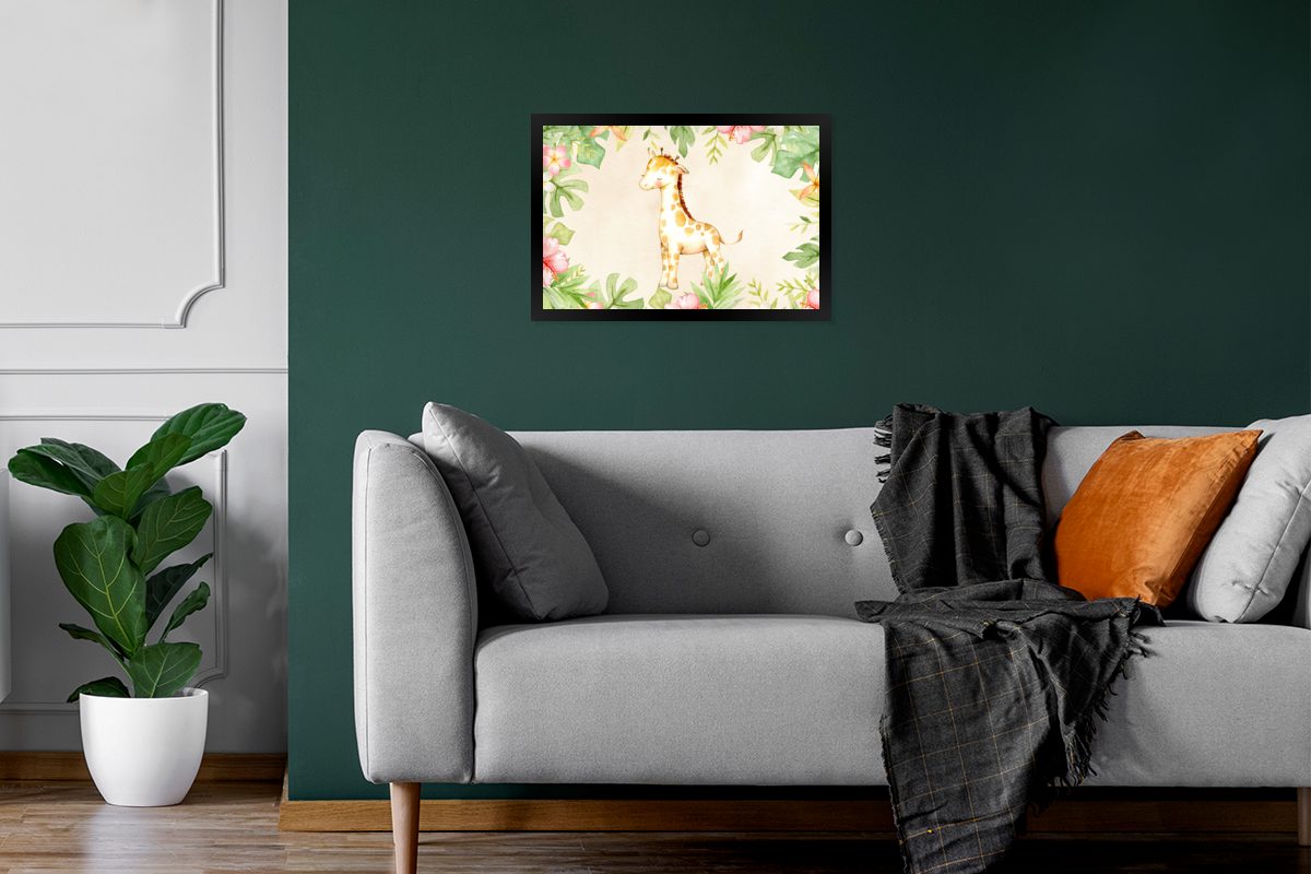 Poster Wanddeko, Giraffe - MuchoWow Schwarzem - Dschungel, Aquarellfarbe - Blumen (1 Poster, Bilderrahmen St), Bilder, Gerahmtes Wandposter,