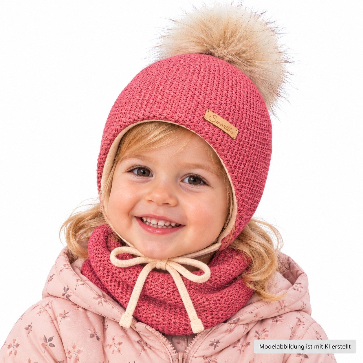 Smarilla Mütze & Schal Baumwollgefütterte Mädchen Wintermütze mit Bommel und Schlauchschal