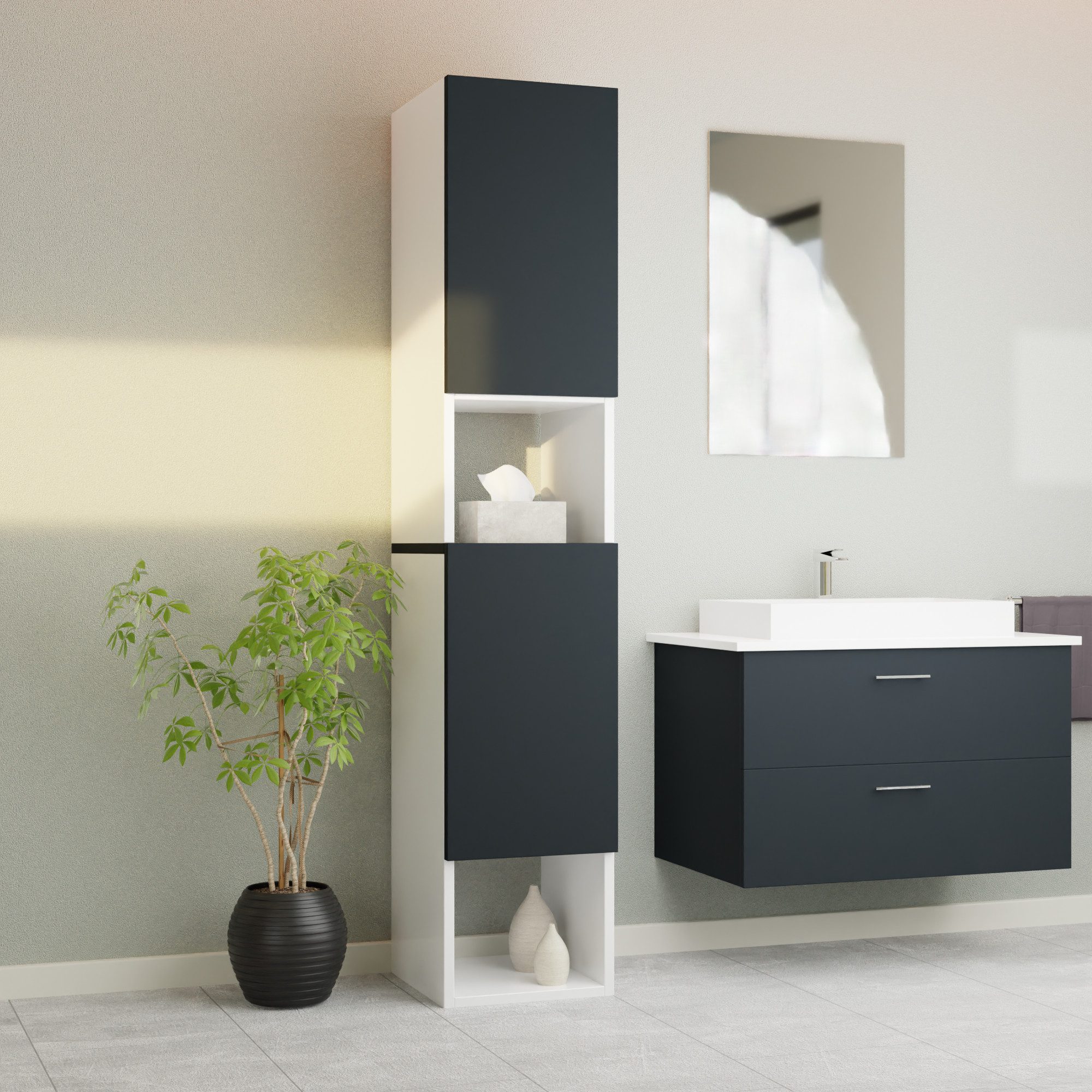 Badezimmer-Set Badezimmerschrank GLC2, hängend, stehend, Anthrazit