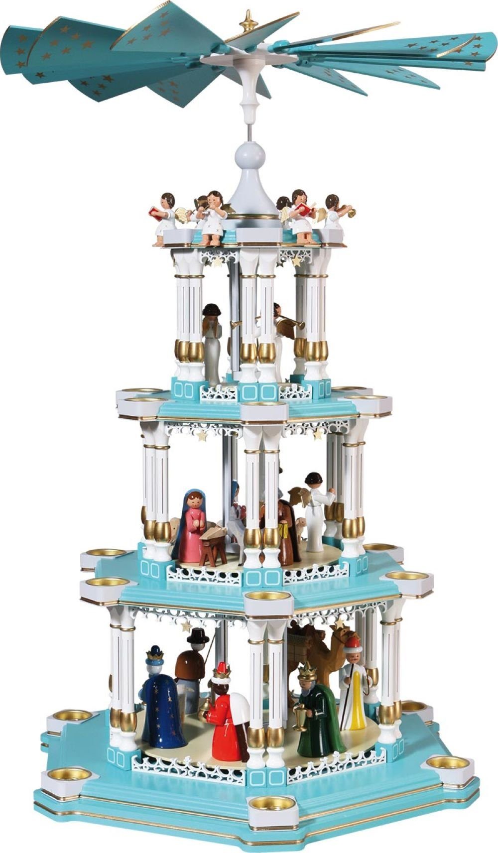 Richard Glaesser Weihnachtspyramide türkis für Teelichte mit Heiliger Familie, Höhe 86cm, Handwerkskunst original Erzgebirge