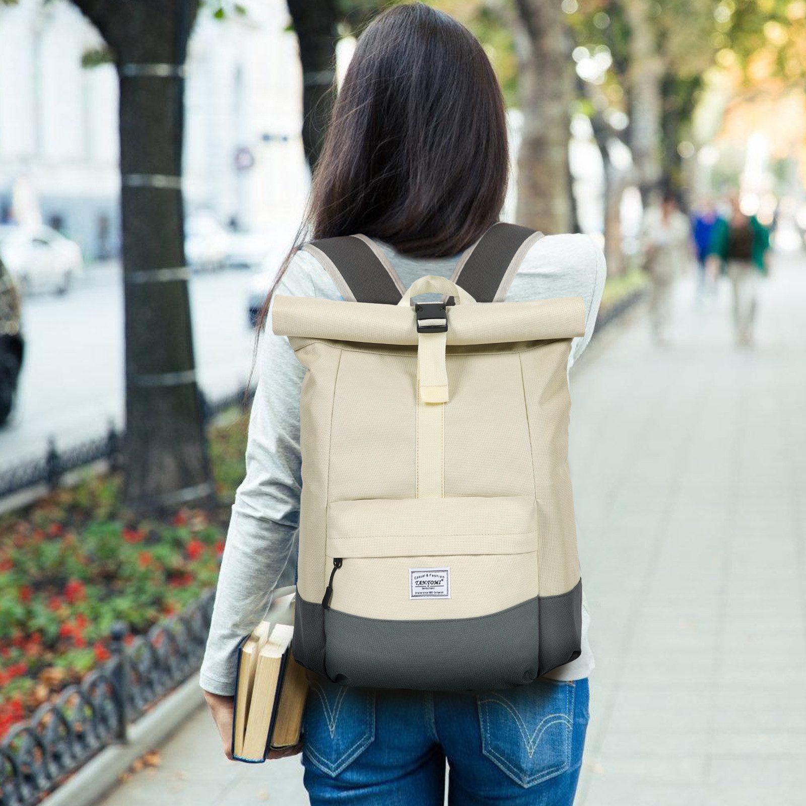 TAN.TOMI Cityrucksack Rolltop Rucksack Damen Herren Tagesrucksack mit Laptopfach, Modern Rolltop Rucksack Daypack, Wasserabweisend