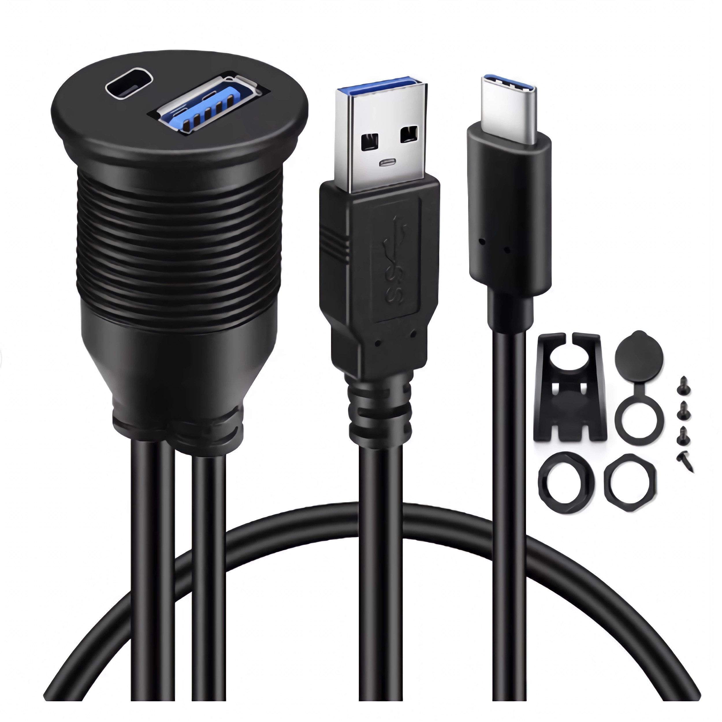 Bolwins L14C USB 3.0A, Typ-C Verlängerungskabel Panel-Mount KFZ Armaturenbrett USB-Kabel, USB 3.0 Typ-A + USB Typ-C Stecker, USB-A + USB-C Buchse (100 cm), wasserdicht, Panel-Mount, Heavy-Duty, für Auto & Boot geeignet