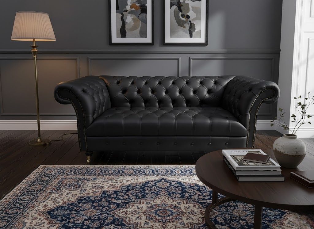 Xlmoebel Chesterfield-Sofa Chesterfield Sofa Schwarz, aus Stoff mit echtem Leder Sofort, 2 Sitzer, Hergestellt in Europa