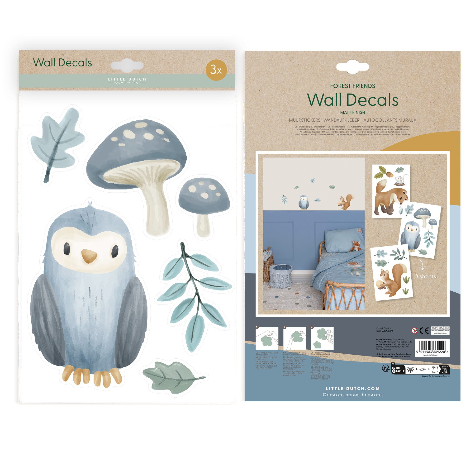 LITTLE DUTCH Wandtattoo Wandsticker Set Forest Friends A4 (3x St) (Set, 3 St), 3x A4-Format