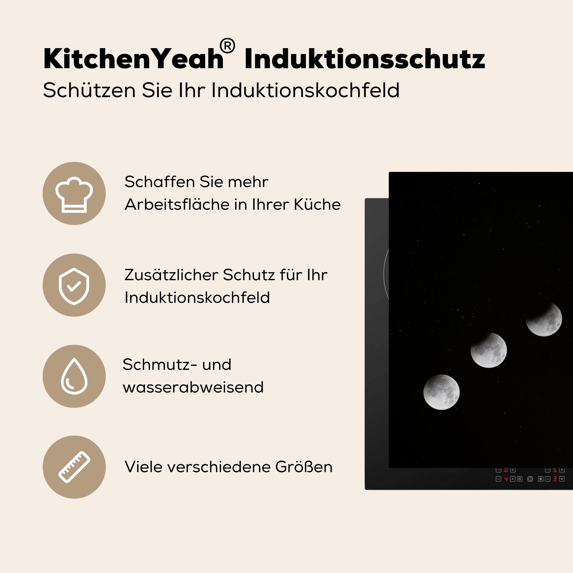 Induktionskochfeld MuchoWow Planeten cm, für - (1 Vinyl, Schutz Mond tlg), - küche, Ceranfeldabdeckung Schwarz, Herdblende-/Abdeckplatte die 81x52