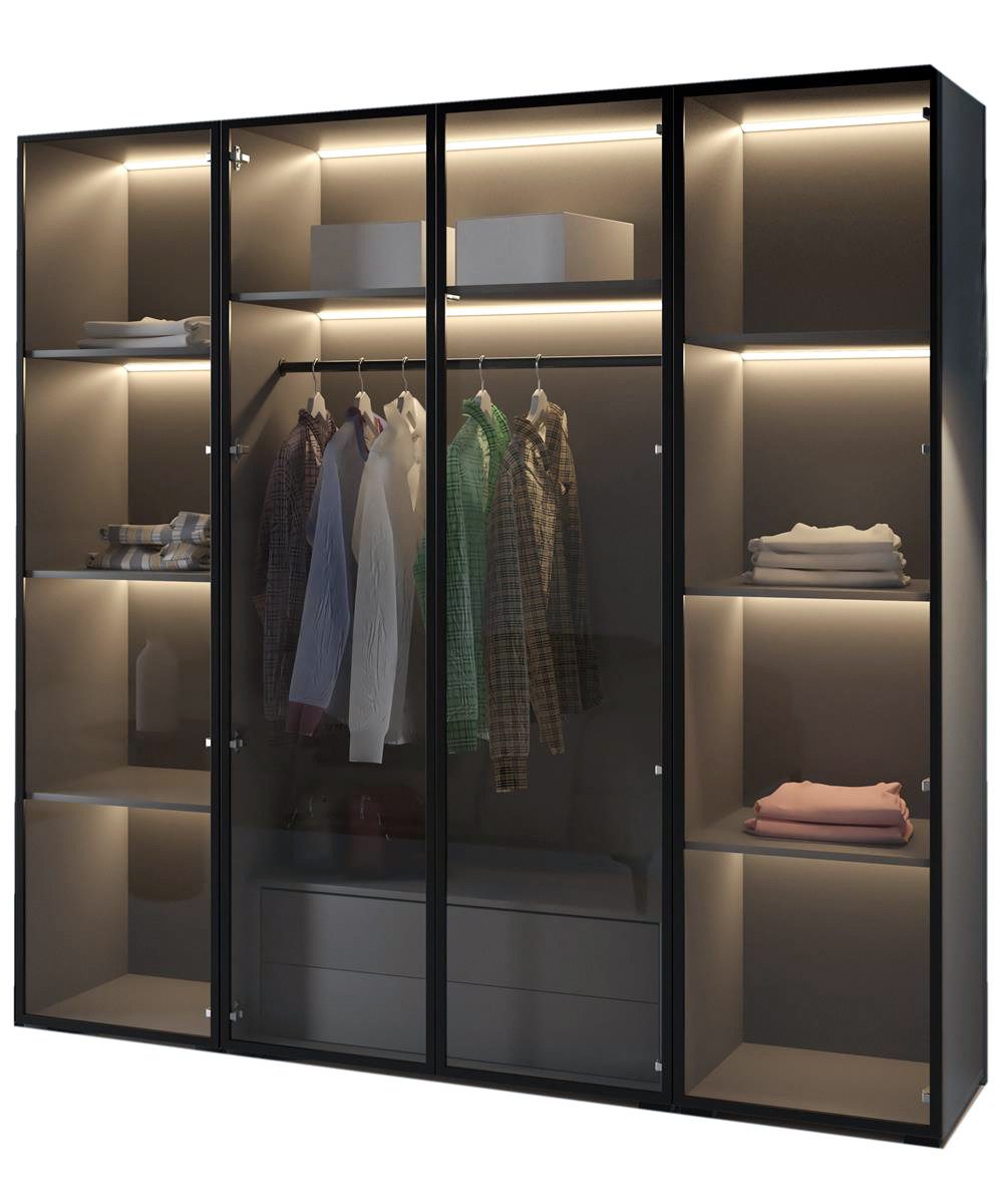 Compleo Drehtürenschrank mit LED-Beleuchtung,Glasfronten, Perfekt Garderobe mit 2 Schubladen