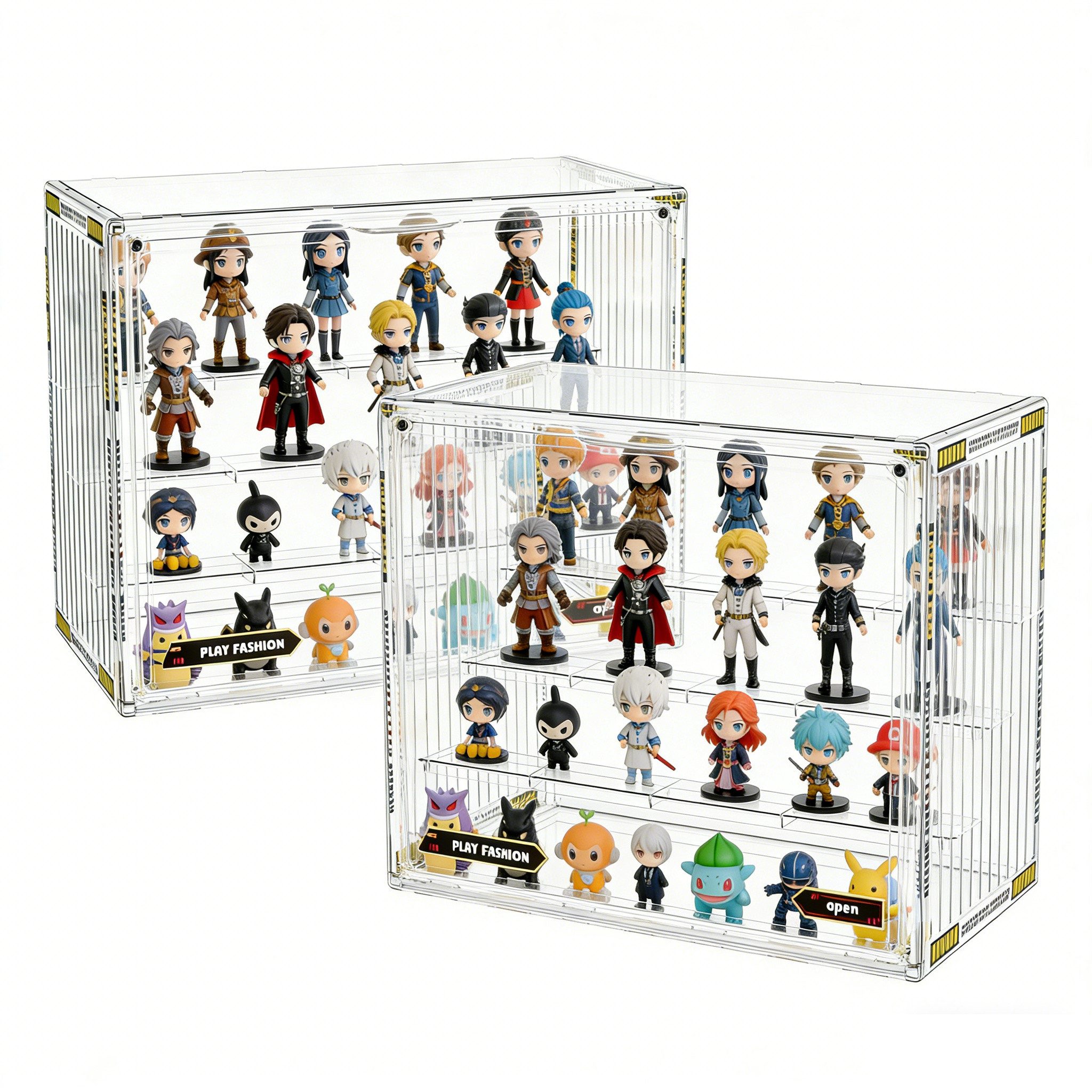BlingBin Vitrine Acryl Schaukasten für Figuren & Modelle, mit Staubschutz (2er Set, 2-St., Transparente Acryl-Vitrine für Sammlerstücke, 4 Ebenen, 36 x 23 x 27cm) Acryl-Aufbewahrungsbox mit Magnetverschluss, für Sammlerstücke, Puppen