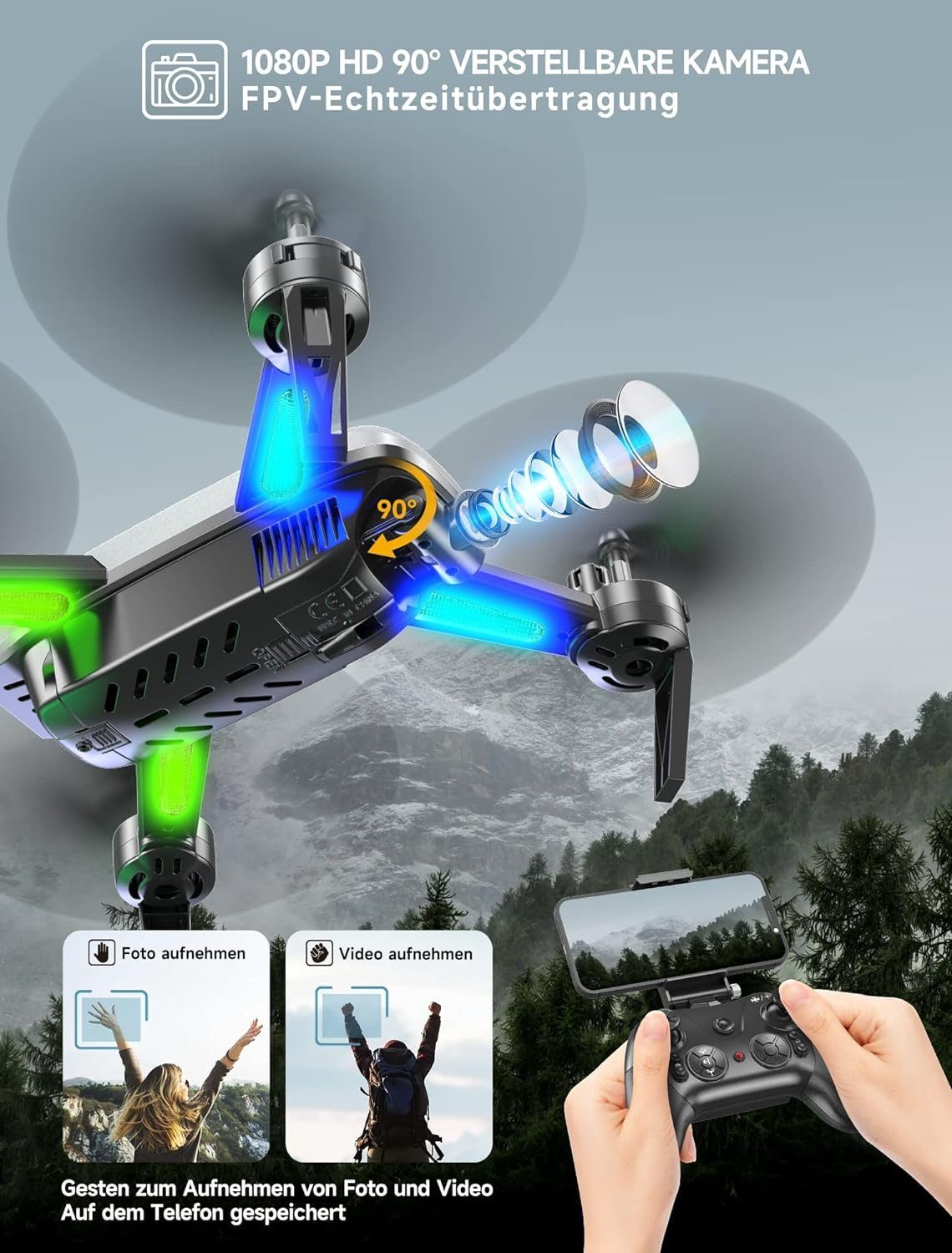 T6 Quadcopter) 1080p Kamera, Drohne Wipkviey für Drohne WiFi (1920*1080p, RC FPV HD Anfänger,