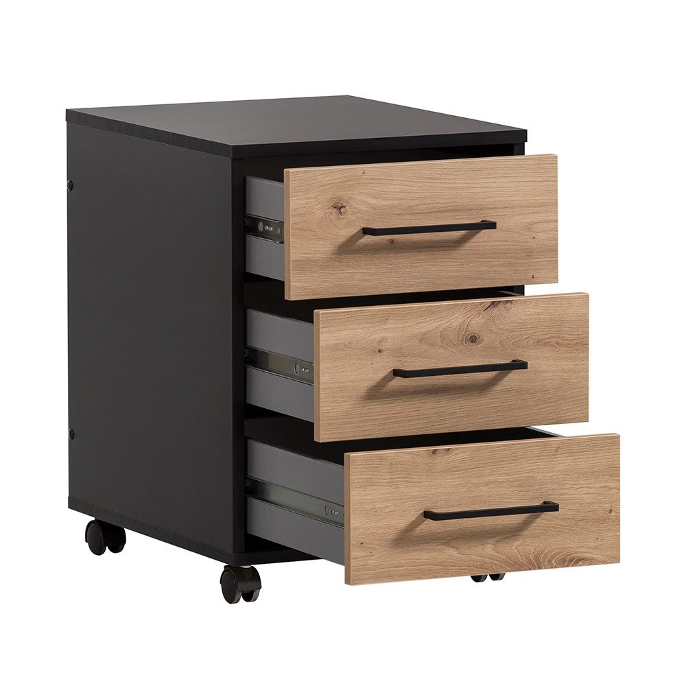 Lomadox Rollcontainer ALNWICK-80, in schwarz mit Eiche, rollbar günstig online kaufen