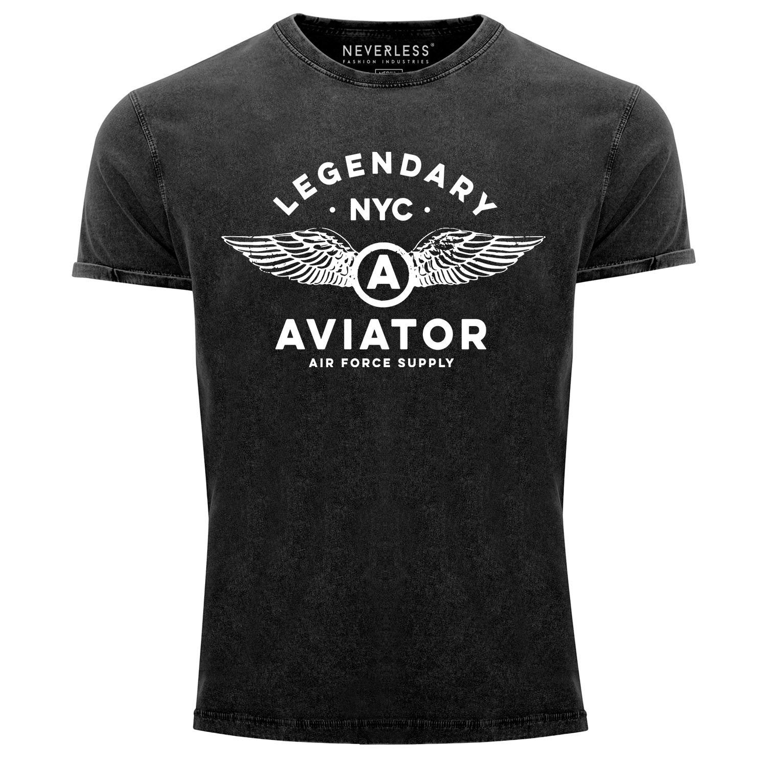 Neverless Print-Shirt Herren Vintage Shirt Legendary NYC Aviator Air Force Luftwaffe Flügel Printshirt Used Look Slim Fit Neverless® mit Print schwarz