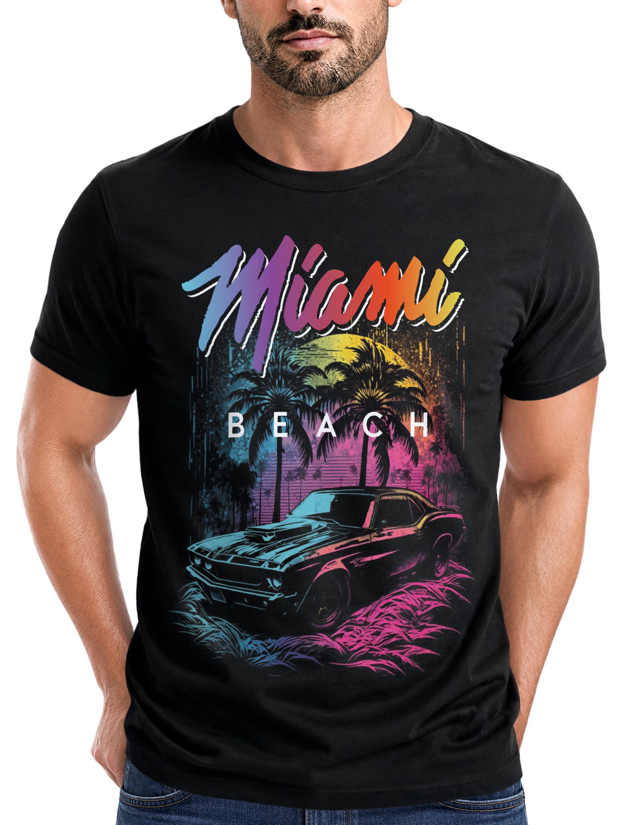 Neverless Print-Shirt Herren T-Shirt Miami Beach USA Oldtimer Car Palmen Print Fashion mit Print