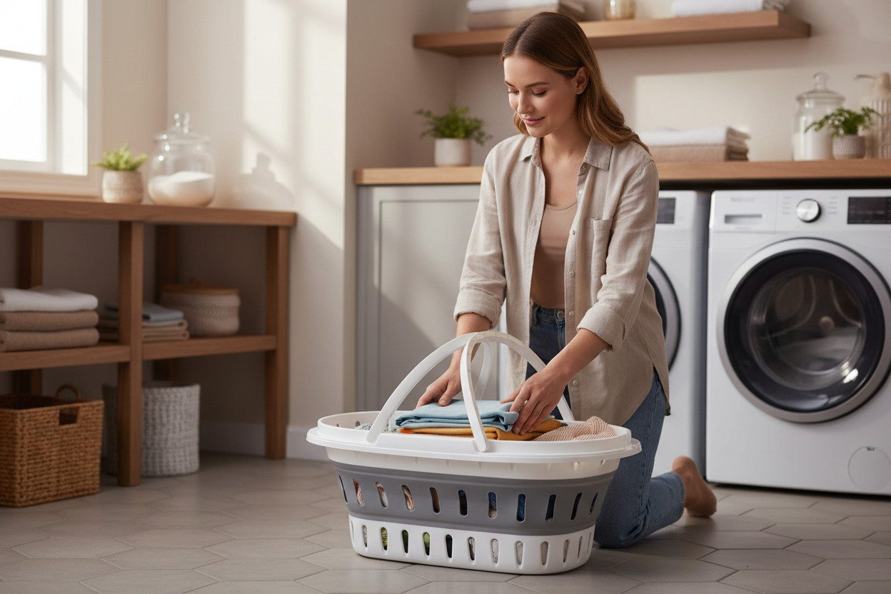 LS-LebenStil Wäschekorb XL Flexibler Wäschekorb 25L 58x38x28cm faltbar mit Griff Faltkorb (Henkel klappbar stabiler Boden tragbarer flexibler Faltkorb Faltwanne – Bild 3 von 5