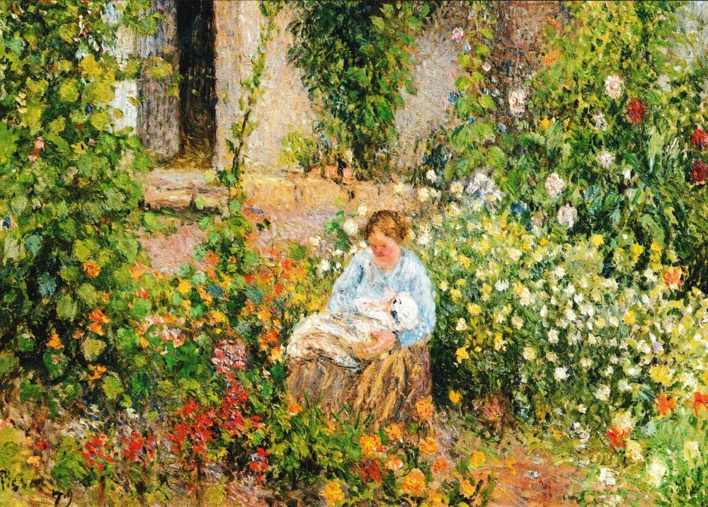 Postkarte Kunstkarte Camille Pissarro "Mutter und Kind in den Blumen"
