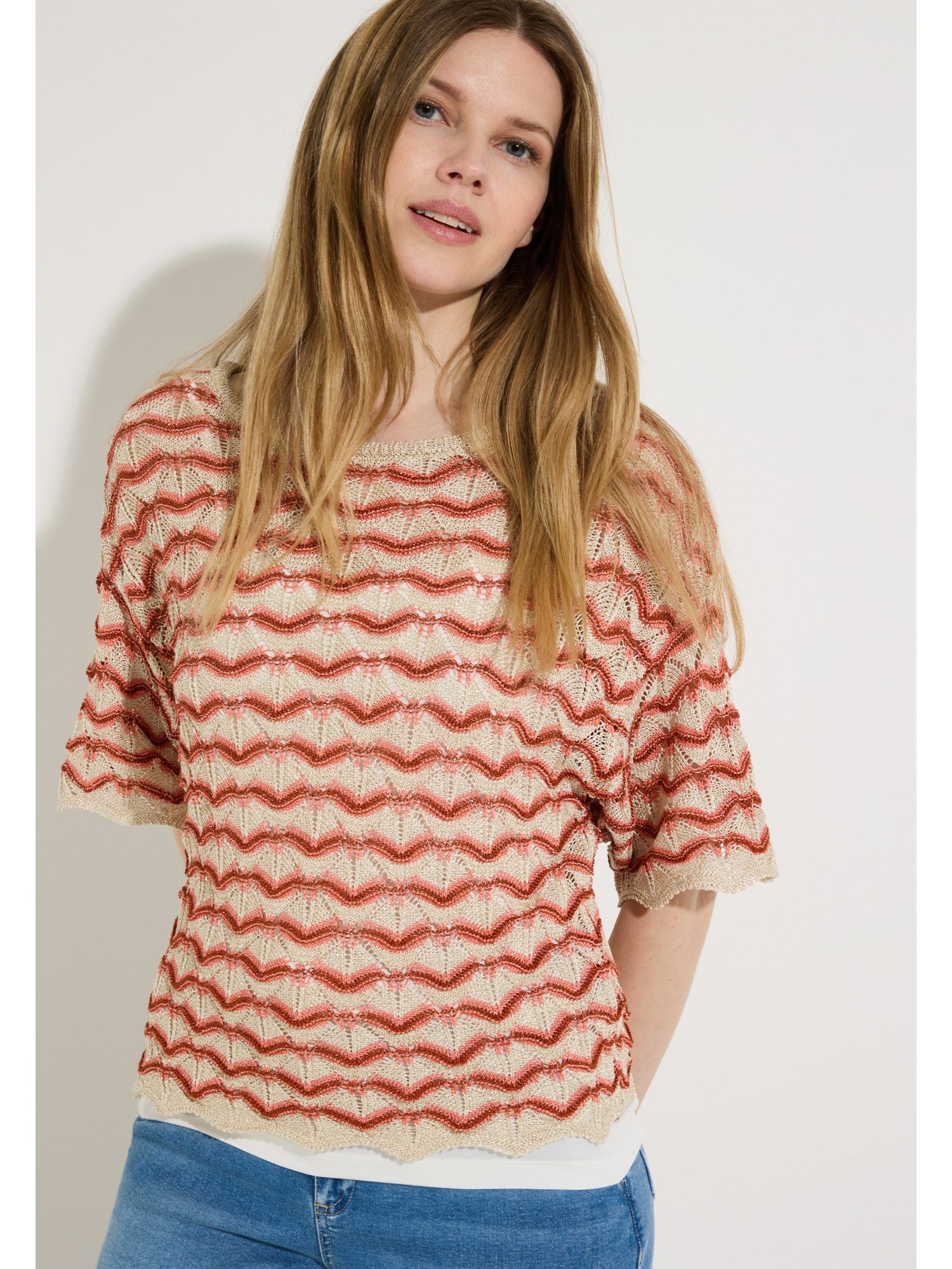 MORE&MORE Rundhalspullover leichter, gestreifter Ajour-Strickpullover