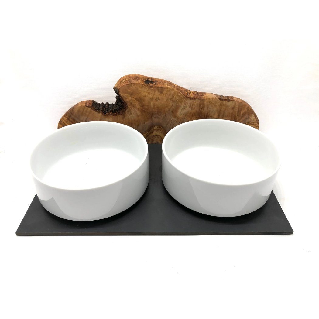 Olivenholz-erleben Futterstation 2-in-1 Futter- & Trinkstation MOUNTAIN Olivenholz mit 2x 1,5l Schalen, Porzellan, Einzigartiger „Berg-Effekt“ aus Olivenholz – jedes Stück ein Kunstwerk
