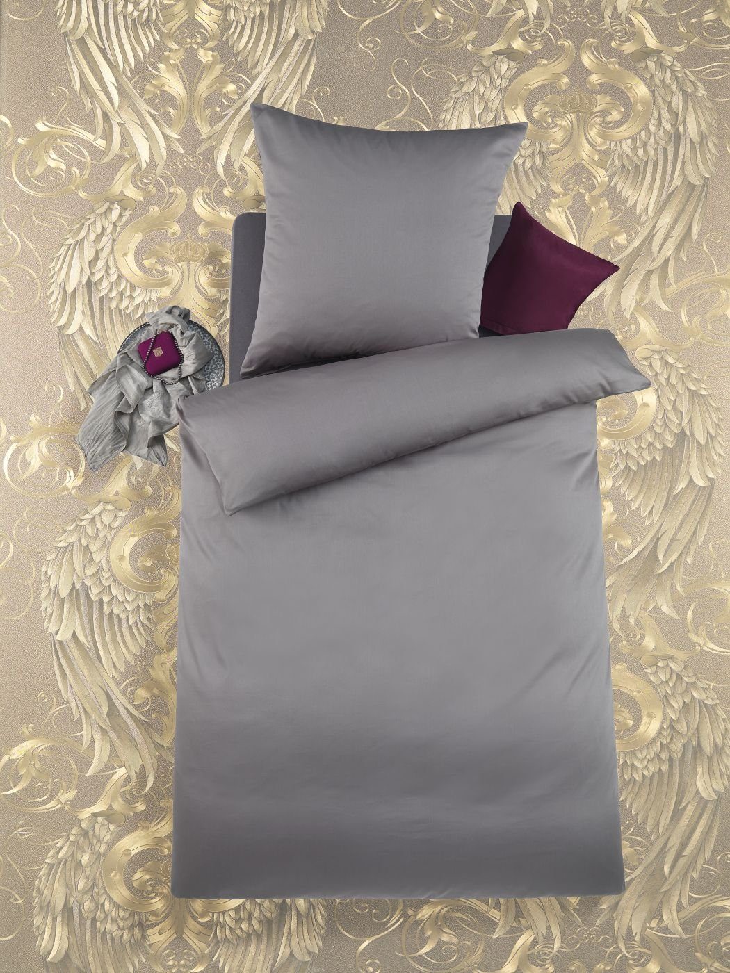 Bettwäsche Mako Satin 135 cm x 200 cm grau, Optidream, Baumolle, 2 teilig,  Bettbezug Kopfkissenbezug Set kuschelig weich hochwertig
