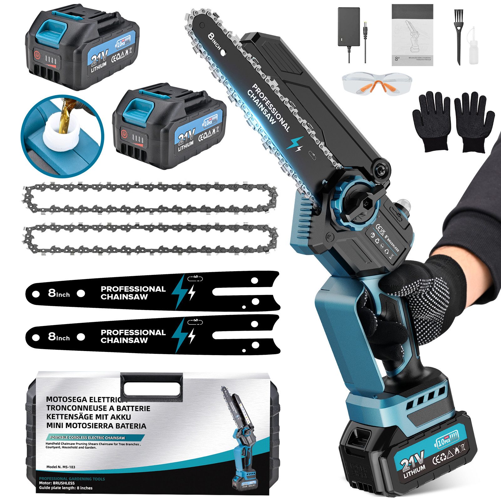 Rinoxar Akku-Kettensäge 8 Zoll Mini Akku Kettensäge, 8000mAh 1200W Motorsäge Handkettensäge, 20 cm Schwertlänge, Set, Elektrisch Mini Chainsaw für Gartenscheren Holzschneidenz DIY