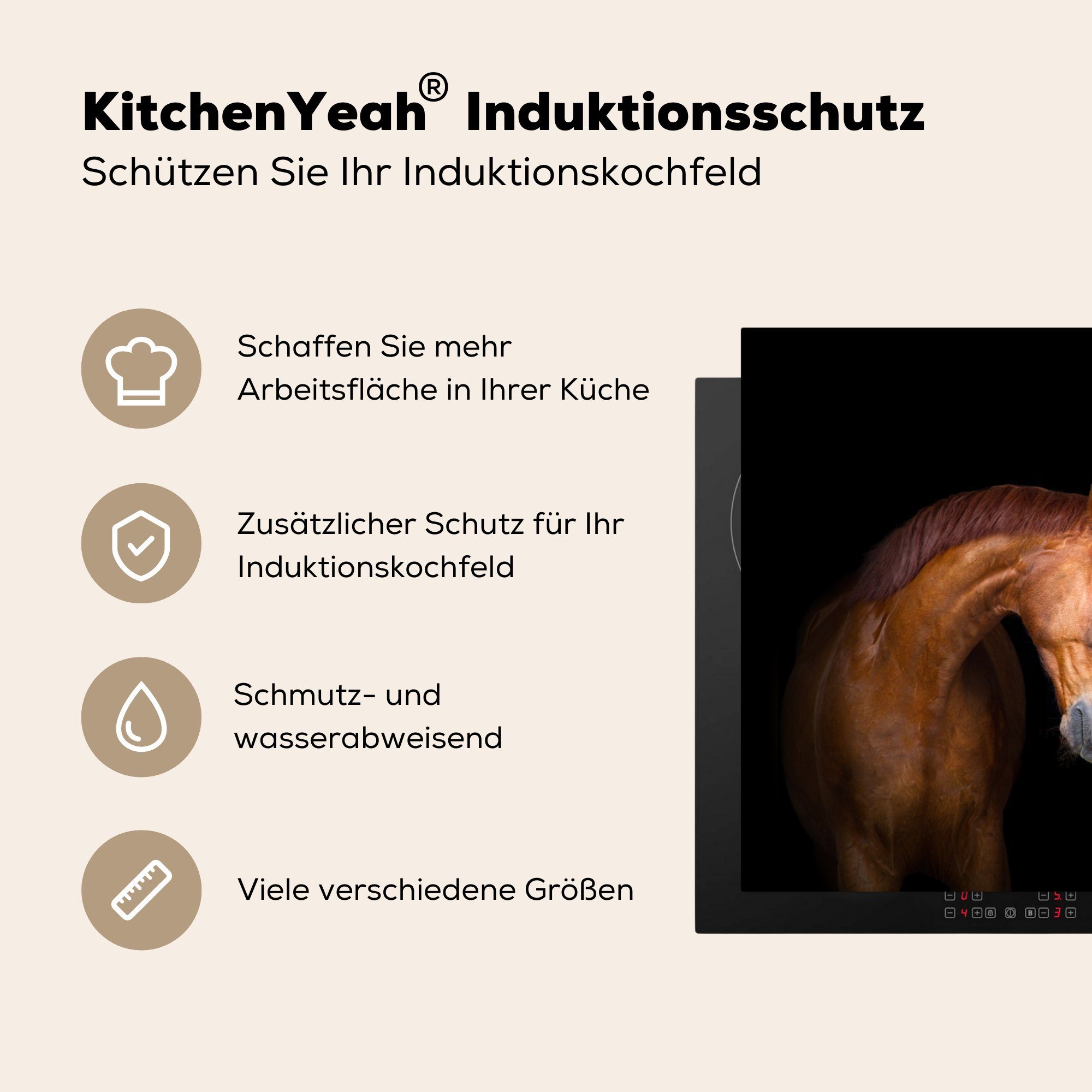Arbeitsplatte küche tlg), - Braun, Porträt 77x51 - Vinyl, cm, für Ceranfeldabdeckung, - Pferde Tiere Herdblende-/Abdeckplatte MuchoWow (1