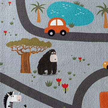 Kinderteppich Rutschfester Kinder-Straßenteppich mit Tieren grau, TeppichHome24, rechteckig