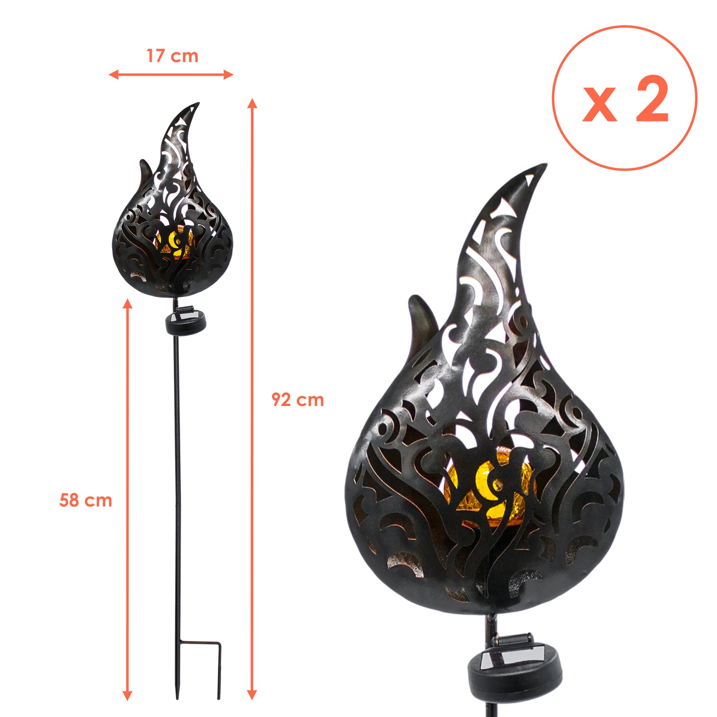 Spetebo LED Solarleuchte Gartenstecker Flamme mit LED Glaskugel - 2er Set, Solar betrieben, LED fest integriert, gelb, mit Flammenlicht – Bild 2 von 5
