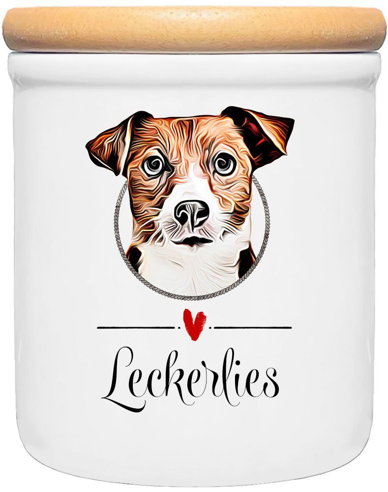 Cadouri Vorratsdose JACK RUSSELL TERRIER - Leckerlidose Hund - für Hundekekse, Keramik, (Leckerlidose mit Hunderasse, 2-tlg., 1x Keramikdose mit Holzdeckel), Hundekeksdose, handgefertigt in Deutschland, für Hundebesitzer, 400 ml