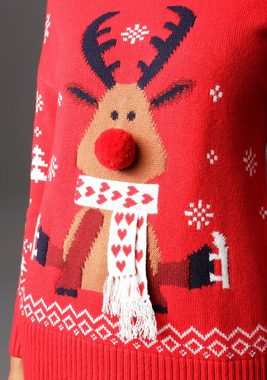 Aniston CASUAL Weihnachtspullover mit Bommel-Nase und Fransenschal