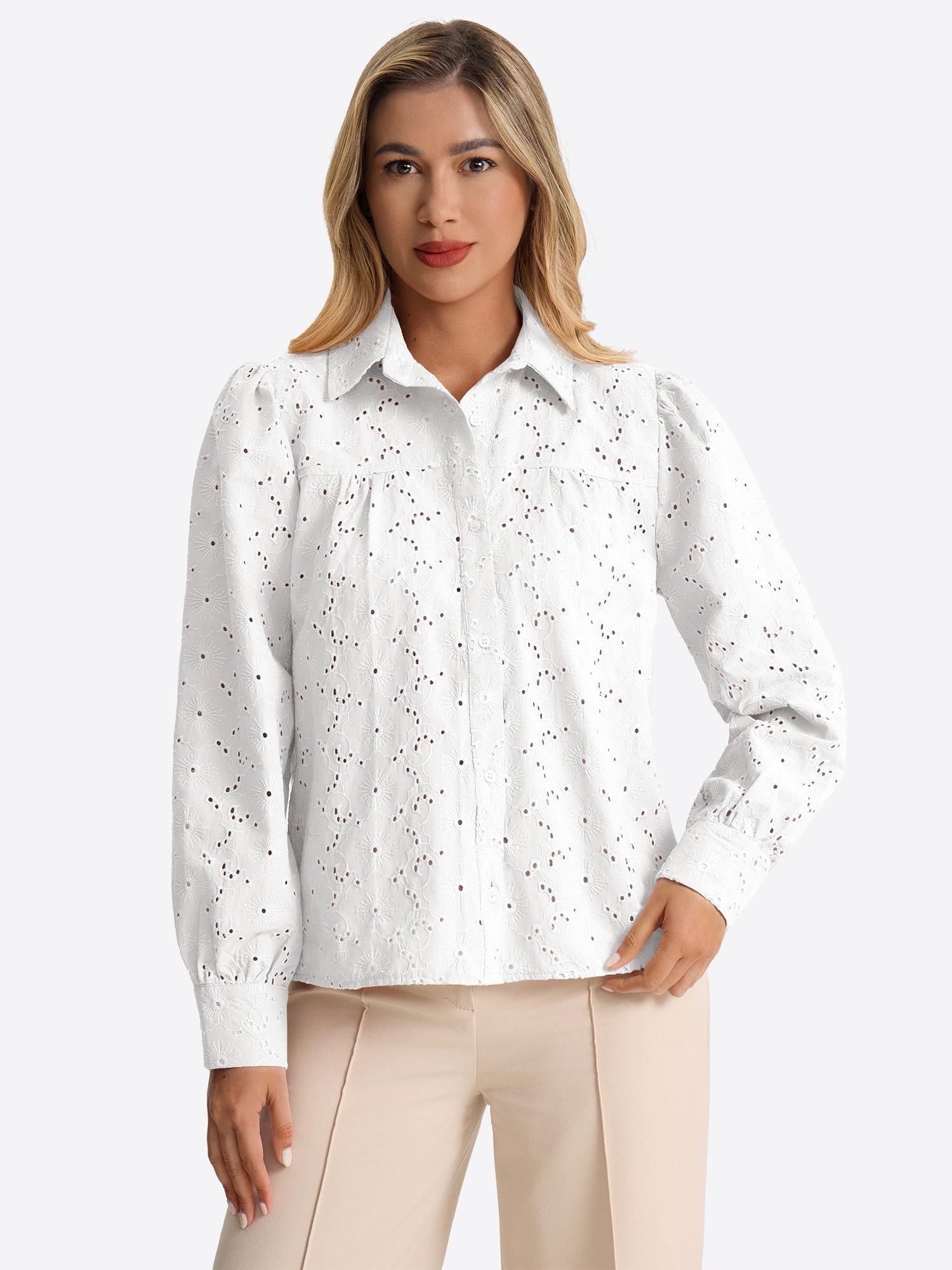 Imily Bela Blusentop Damen Langarm Bluse mit Lochstickerei und Puffärmeln (Packung, 1-tlg., 1per-Pack) in Unifarbe